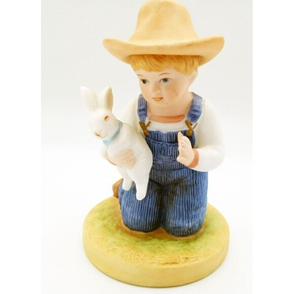 Denim Days Homco Boy Holding Rabbit Collectible 6 Inches Tall Hand Painted Farm - Picture 1 of 14